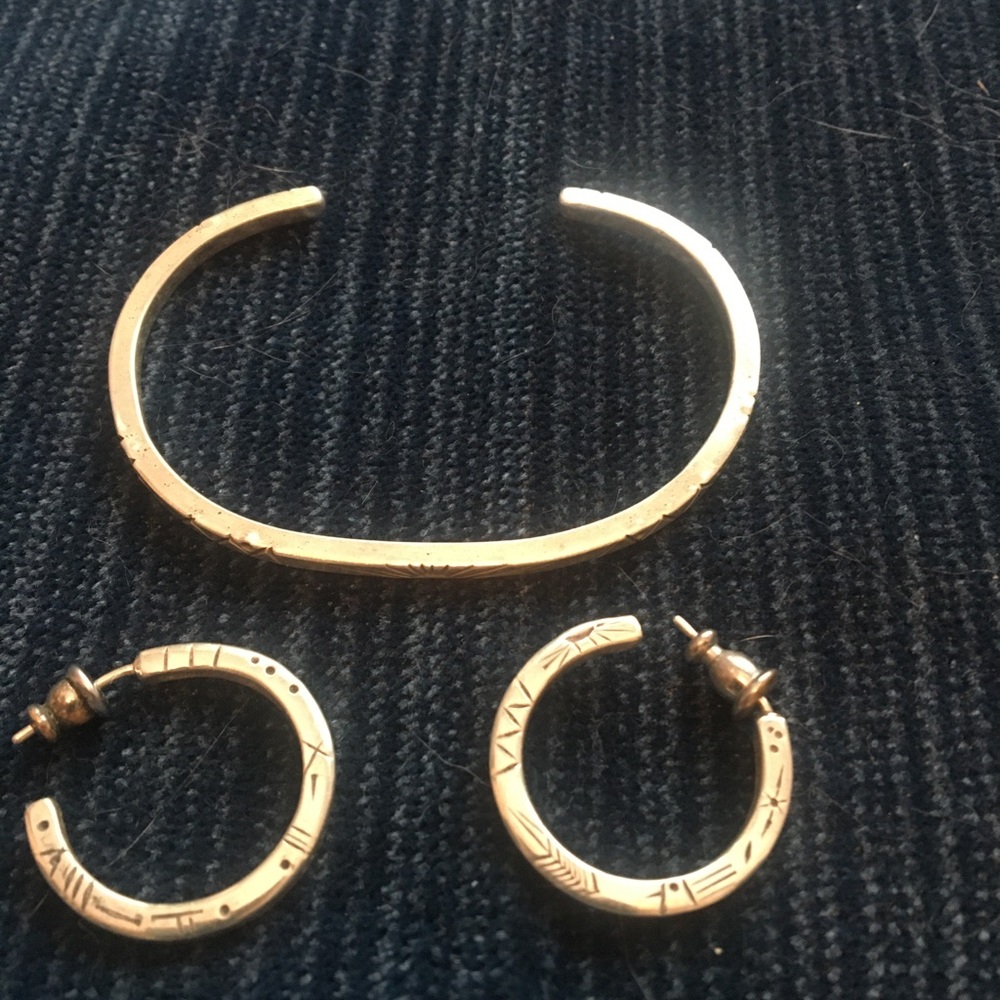 Sterling Silver Southwest Etched Cuff Bracelet and Hoop Earrings Set .